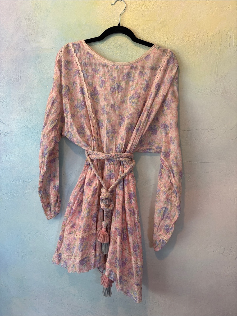 LoveShackFancy Pink and Lavender Floral Long Sleeve Tie-Waist Dress